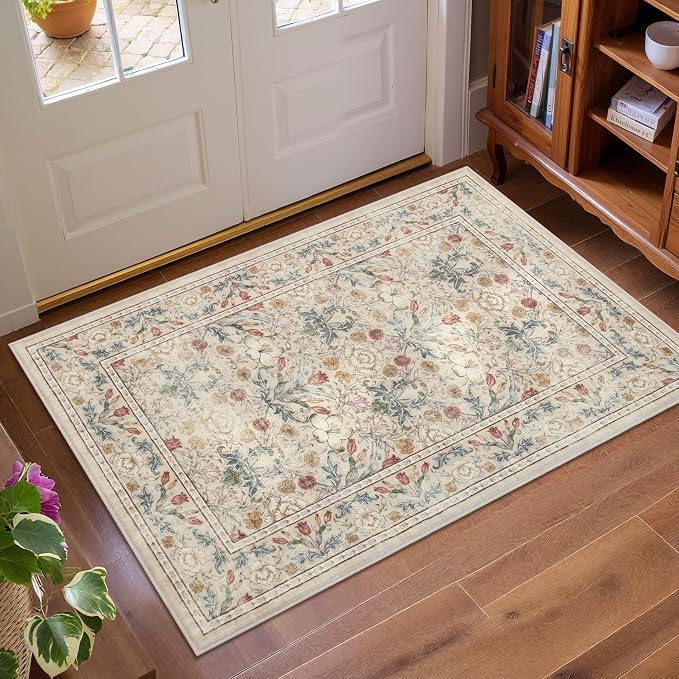 GarveeHome Small Beige Entryway Rug, 2x3 Washable Front Door Rug Indoor Entrance Floral Carpet Non-Slip Low Pile Throw Rugs for Kitchen Floor, Powder Room, Entry, Bathroom, Kids Room