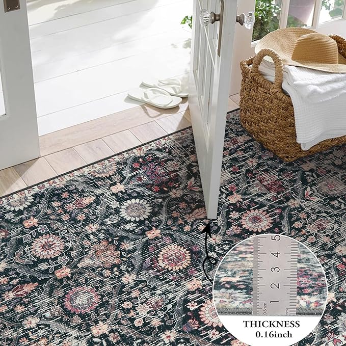 Lahome Moroccan Washable Rugs for Living Room, 4x6 Rug for Bedroom Non-Slip | Non-Slip Vintage Trellis Ultra-Thin Throw Carpet for Dining Room Office Nursery Elise, Black/Multi