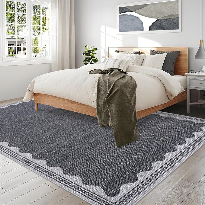 8x10 Scalloped Area Rugs Grey Washable Living Room Bedroom Rug | Solid Tan Rug for Bedroom Girls, Non Slip Throw Carpet With Rubber Back, Soft Dorm Nursery Scalloped Rugs for Dining Room