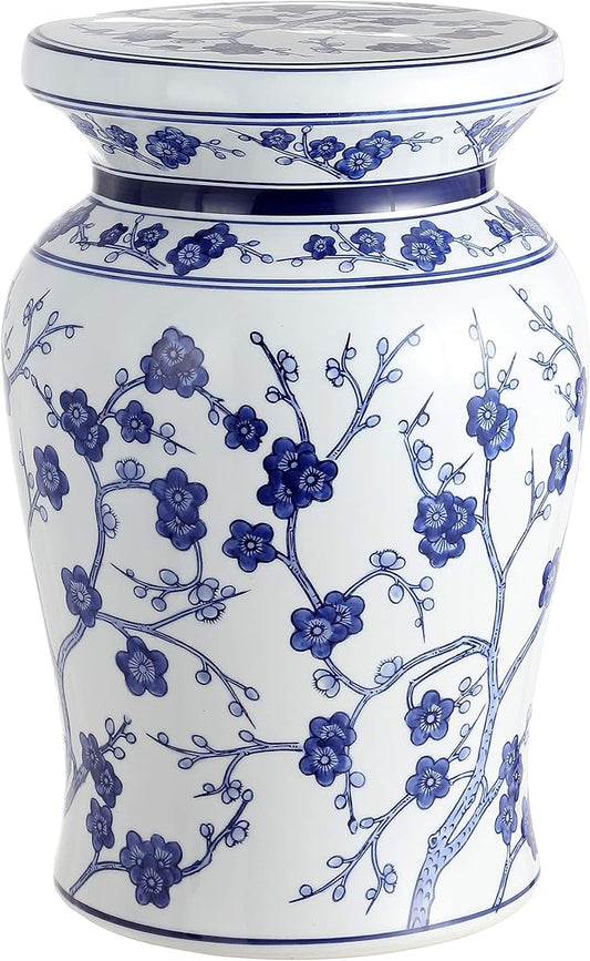 JONATHAN Y Cherry Blossom 18" Ceramic Chinoiserie Garden Stool, Traditional Floral Accent Side Table and Plant Stand for Indoor/Outdoor Garden, Patio, Living Room, Blue/White TBL1016A