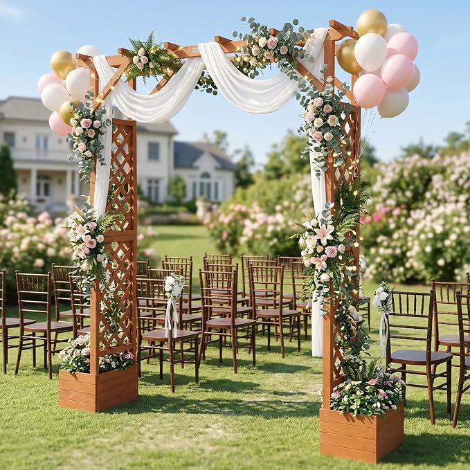 VINGLI Wooden Garden Arbor with Planter, Wedding Arch for Ceremony, Wood Garden Arbour Trellis for Plant Climbing, Pergola for Garden Backyard, Lawn, Outdoor (Golden Brown)