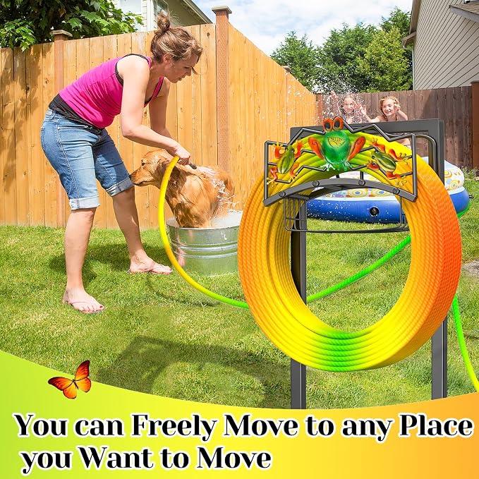 Garden Water Hose Holder with 5 Spikes, Upgraded Freestanding Heavy Duty Hose Hanger Holds 150-feet Hose, Sturdy Hose Stand Storage Rack for Outside Yard Lawn (Black - Frog)