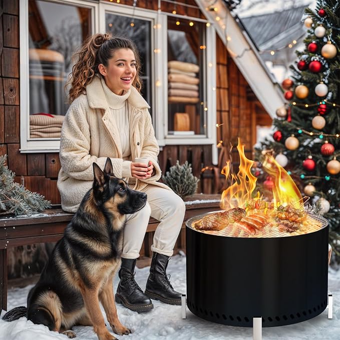 HGD 27.5" Smokeless Firepit with Stand & Grill Rack, Large Stainless Steel Wood Burning Fire Pit for Gatherings, Secondary Combustion Outdoor Patio Stove for Garden BBQ & Bonfire (Black)