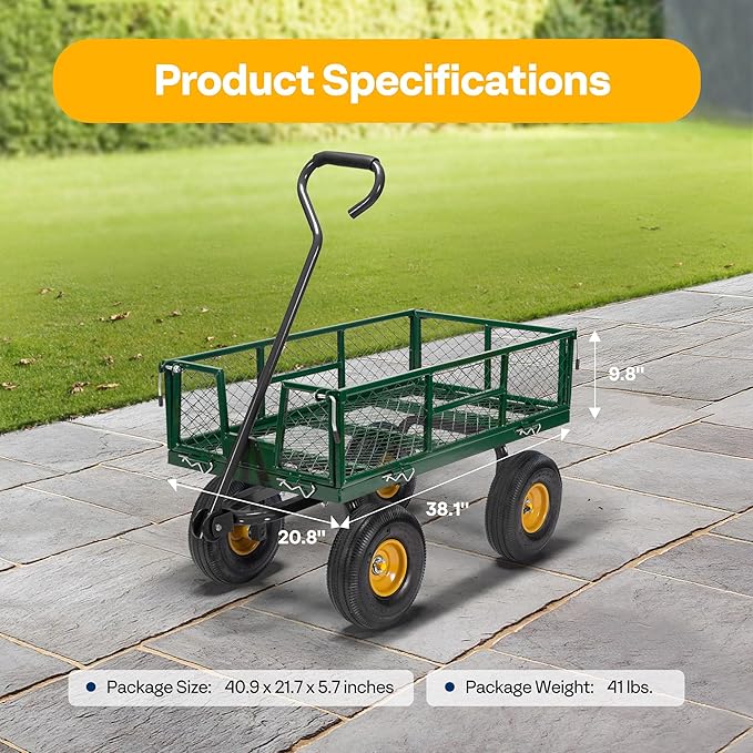 VIVOHOME Heavy Duty 880 Lbs 4.5 Cu Ft Mesh Steel Garden Cart Utility Wagon | Removable Sides and 4.10/3.50-4" Wheels 10 inch Tire(Green)