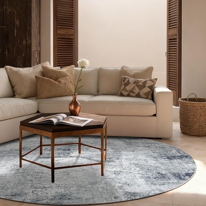 4ft Round Bedroom Rug Washable: Circle Rugs for Living Room Boho Vintage Non Slip Low Pile Soft Faux Wool Non Shedding Small Carpet for Kitchen Entryway Bathroom Bedside Office Dorm Kids Room Entrance