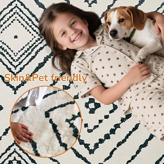 8'x10' Washable Area Rug for Living Room Bedroom White Black | Soft Western No Slip Low Pile Print Foldable Indoor for Kitchen Dining Room