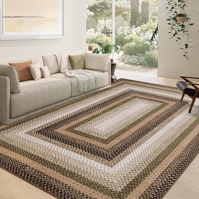 RUGSREAL 9x12 Braided Rug Washable Non Slip Living Room Bedroom Area Rugs | Modern Braid Printed Large Dining Room Rug with Rubber Backing Farmhouse Accent Carpet for Home Decor Office, Moss/Brown