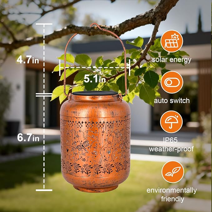 Dragonfly Solar Lanterns Outdoor Waterproof, Birthday Gifts for Women Mom Grandma - Copper Metal Hanging Solar Lights for Yard Garden Decor Dragonfly Gardening Gifts