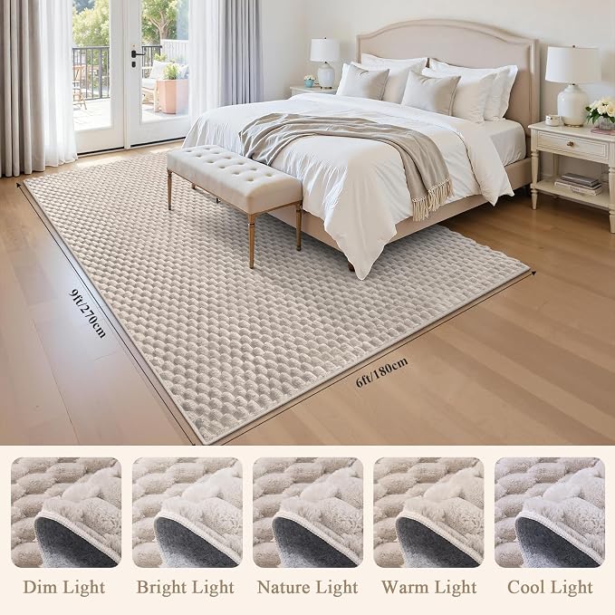 6x9 Area Rug for Living Room, Beige Washable 3D Bubble Bedroom Rug | Non Slip High Low Pile Hexagon Floor Mat for Dorm, Modern Soft Fluffy Carpet for Dining Room, Office and Nursery