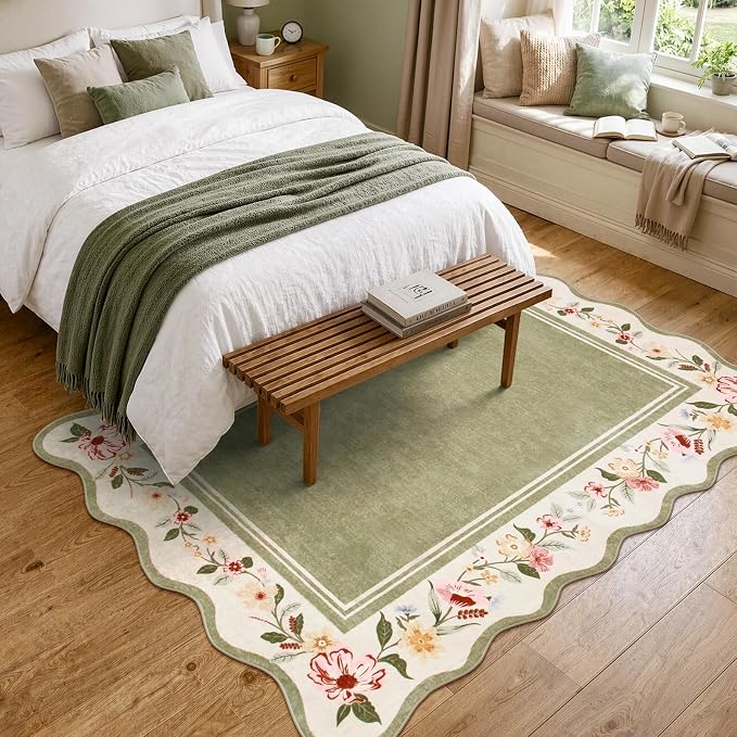 Lahome Floral Scalloped Rug 5x7, Green Rugs for Living Room Ultra-Thin, Vintage Boho Washable Area Rug 5x7 Soft Bedroom Rugs Non-Slip Throw Carpet for Farmhouse Dining Room Playroom Ariele
