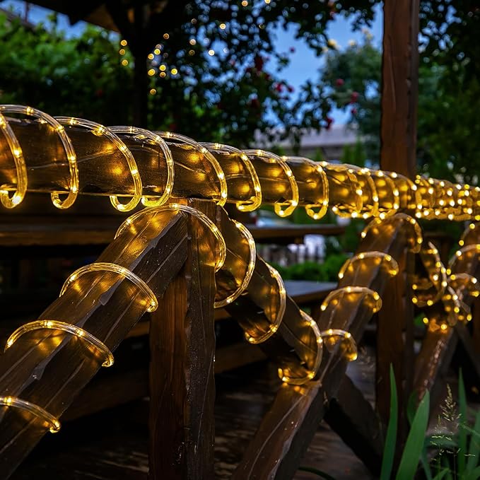 Solar Rope Lights, 2 Pack Total 66ft 200LED Solar String Lights, 8 Modes Waterproof Solar Outdoor Light, Flexible Clear Trampoline Light for Garden Yard Patio Deck Porch Pool Tree Decor - Warm White