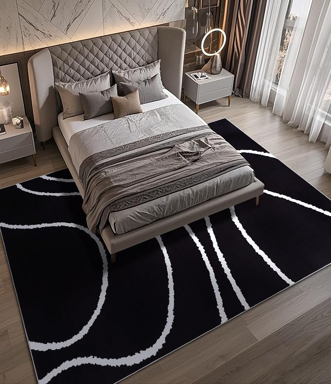 Black Modern Area Rugs 8x10,Large Black and White Rugs for Living Room,Wave Washable Rug 8x10,Thin Abstract Geometric Rug,Minimalist Striped Rugs for Bedroom,Office