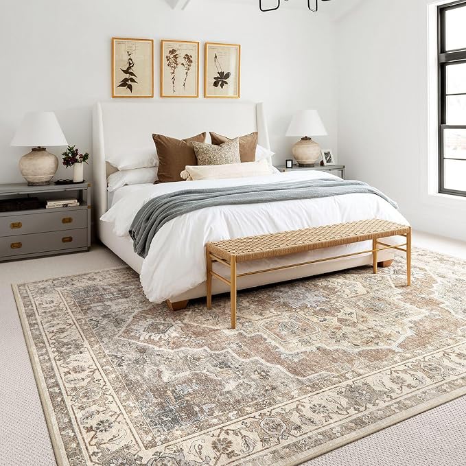 Washable Area Rug-8X10 Vintage Neutral Soft Beige Brown | Non Slip Thin Foldable Large Floor Carpet for Living Room Bedroom Kitchen Dining Room Home Office Farmhouse Indoor