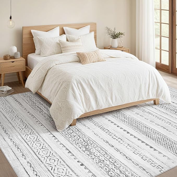 Nakagishi Boho 10x12 Area Rug Living Room Rugs Machine Washable Gray | Soft, Pet & Kid Friendly, Carpet for Living Room/Bedroom/Office/Kitchen/Nursery, Daily Home Decor Stain Resistant Moroccan
