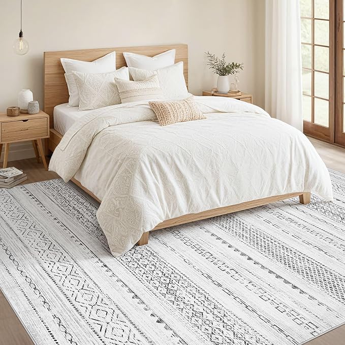 Nakagishi 7x10 Area Rug Living Room: Washable Boho Large Neutral Modern Soft Farmhouse Rugs Stain Resistant Indoor Floor Non-Slip Carpet for Bedroom Nursery Kids Playroom Office Dining Room- Grey
