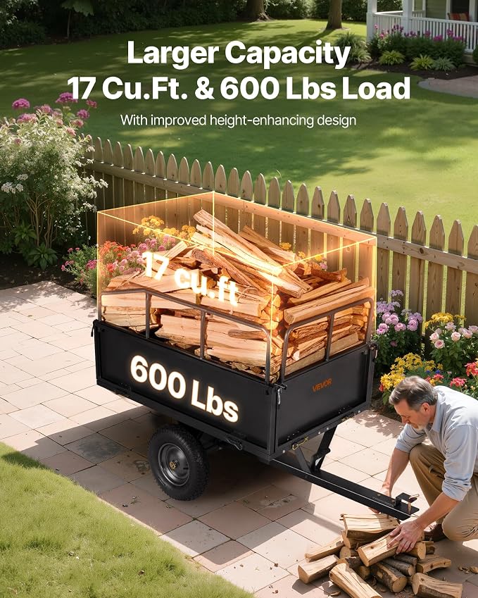 VEVOR Heavy Duty ATV Trailer Tow Behind Dump Cart, 17 Cu.Ft. 600lbs Capacity, Pull Behind Steel Yard Wagon Dump Trailer for Tractor Lawn Mower Garden with 16in Tires