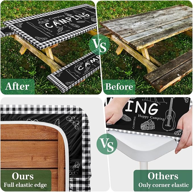 Picnic Table Cover with Bench Covers Elastic Edges, Black Camper Fitted Table Cover, Outdoor Patio Camping Essentials 72 Inch 3PCS, Waterproof Camping Fitted Tablecloth with Drawstring Bag