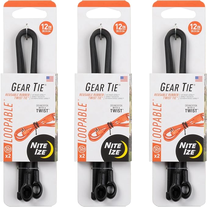Nite Ize Gear Tie Loopable Twist Tie - Reusable & Flexible Twist Ties - Bendable Cable Ties for Gear & Cords - Loopable Ties for Secure Fastening - 12", Neon Yellow (3 Pack)