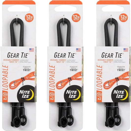 Nite Ize Gear Tie Loopable Twist Tie - Reusable & Flexible Twist Ties - Bendable Cable Ties for Gear & Cords - Loopable Ties for Secure Fastening - 12", Neon Yellow (3 Pack)