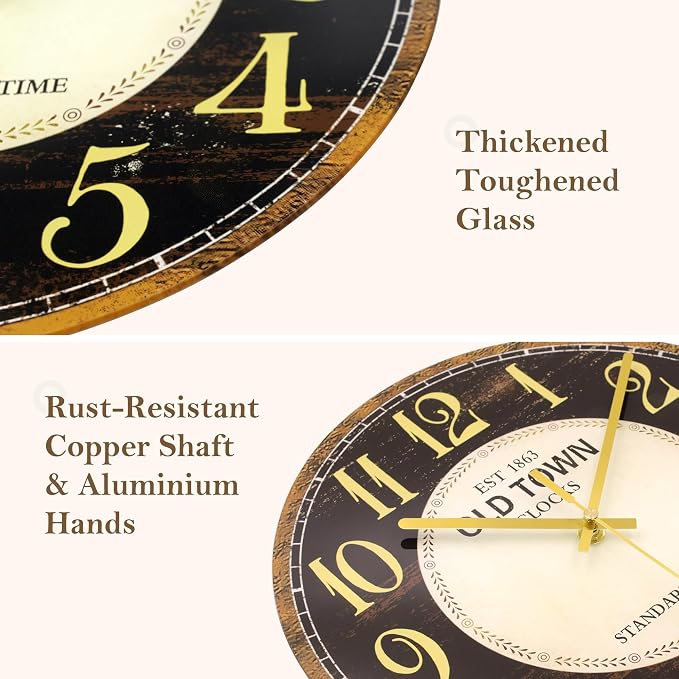 WISKALON Indoor Outdoor Glass Clock 12 Inch Waterproof Retro Vintage French Country Style Wall Clock Battery Operated Silent Non-Ticking for Bathroom Patio Pool Wall Decor Black Gold