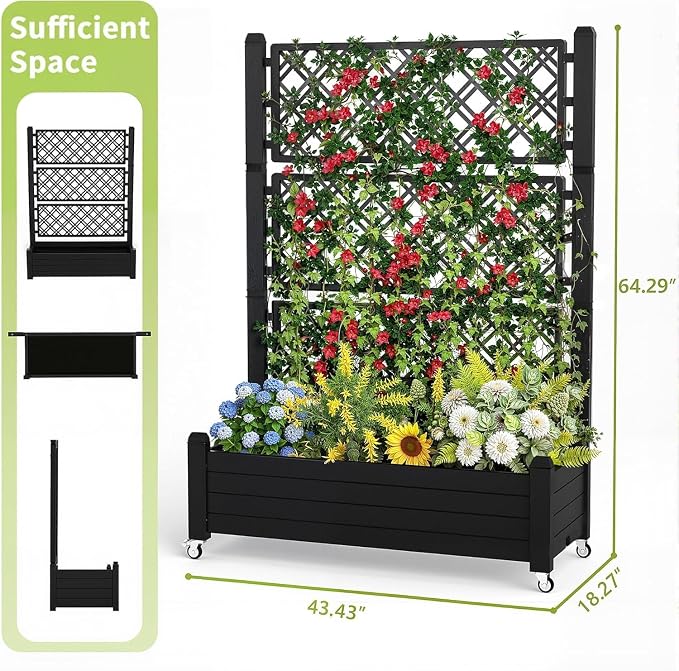 Vixzen 64" Tall Raised Garden Bed,Outdoor Large Resin Planter Box with Trellis and Drain Plug for Climbing Plants,Easy to Assemble,Water Monitor,Mobility(Black, 43.43"×18.27"×64.29")