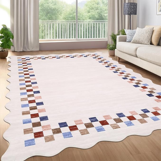 GarveeHome Scalloped Washable Rug 9x12 Area Rug for Living Room Bedroom | Modern Border Large Throw Carpet with Rubber Backing Stain Resistant Neutral Rug for Dining Room Home Decor Office, Colorful