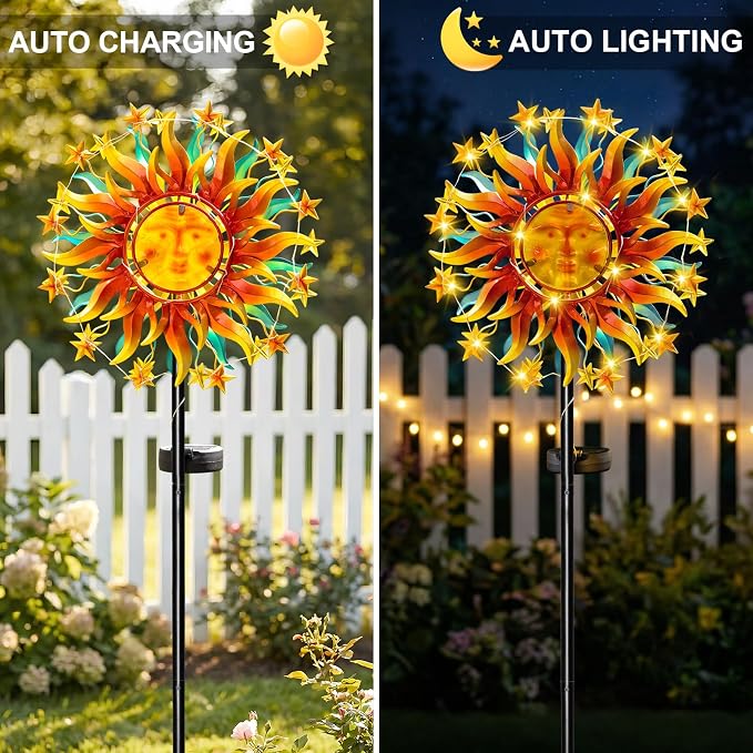 60.3" Solar Wind Spinner Outdoor Metal Sun Kinetic Sculpture – Dual-Sided Garden Spinner with Waterproof LED Vine Lights, Rust-Proof Yard Art Decor for Patio, Lawn & Pathway