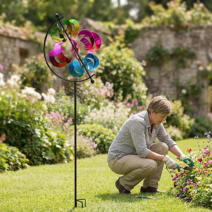 Large Kinetic Solar Wind Spinner Outdoor Metal 3D Yard Art with Stake | Multi-color wind sculpture creates a dynamic display, perfect for garden, patio, lawn and backyard outdoor decoration
