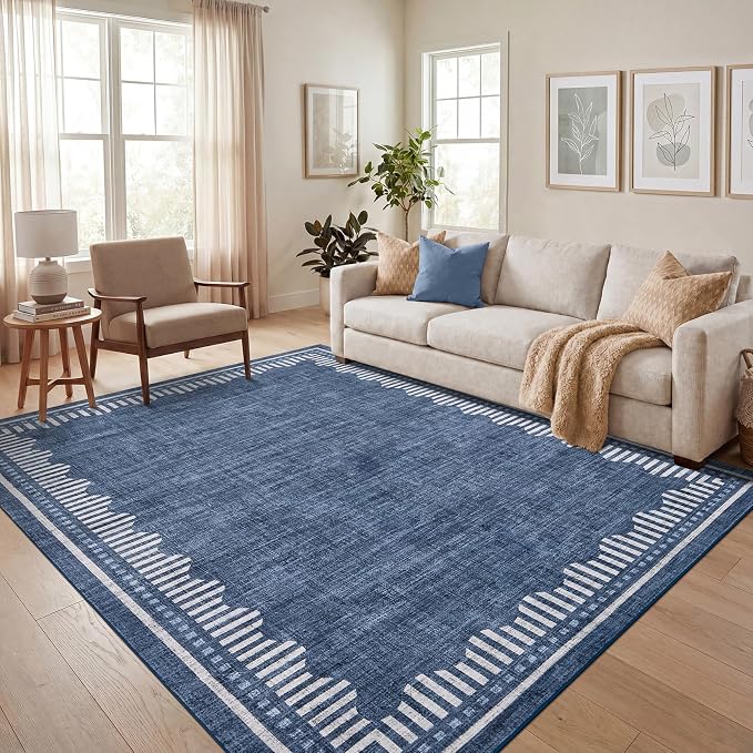 Garvee Large Bedroom 5x7 Washable Area Rugs Non Slip Blue Scalloped Rugs | Neutral Solid Color Low Pile Stain Resistant Living Room Dining Room Throw Carpet Modern Geometric Nursery Office Carpet