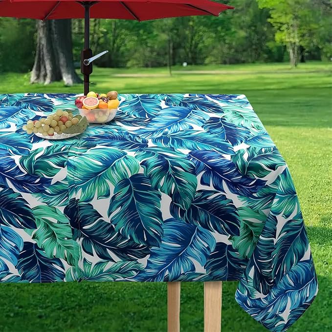 Outdoor Tablecloth with Umbrella Hole and Zipper, Rectangle Patio Table Covers for Spring/Summer, Machine Washable Outdoor Picnic Table Cloth (Palm Leaves, 60" × 102" Rectangular)