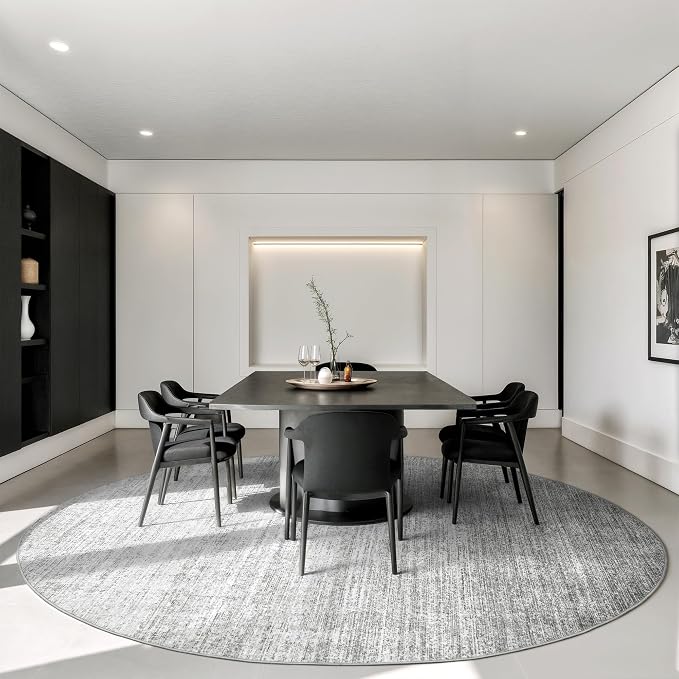 Valenrug Round Rugs 6ft, Circle Washable Area Rugs for Living Room, Grey | Soft Low Pile, Thin & Lighweight Non Slip Carpet, Folable Stain Resistant Modern Indoor Floor Mat for Bedroom, Dining Room