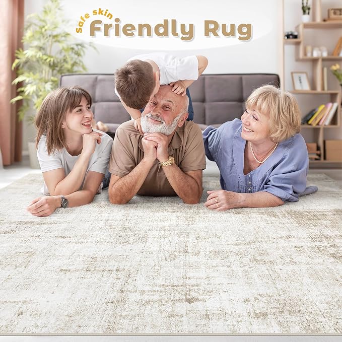 8x10 Area Rugs Washable Rug: Abstract Neutral Rugs Modern Non Slip Area Rug Stain Resistant Low Pile Indoor Carpet for Dining Room Bedroom Nursery Office (Beige, 8'x10')
