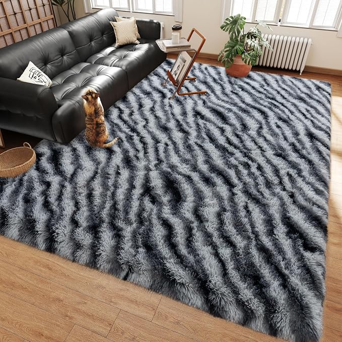 8x10 Large Area Rugs for Living Room, Fluffy Zebra Black White | Upgrade Non-slip, 8 x 10 Washable Big Shag Rug for Bedroom Kids Nursery, Modern Shaggy Furry Carpet for Dorm, Flame Resistant