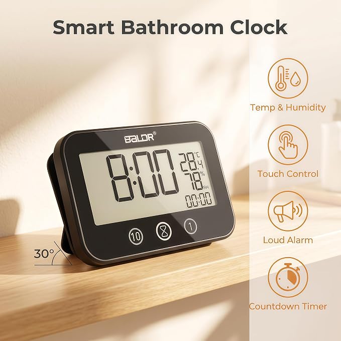 Digital LCD Waterproof Timer Shower Clock, Waterproof for Water Spray, Bathroom Clock Wall Mount, Two Suction Cup, Displays Time, Temperature, and Indoor Relative Humidity (1, Black)