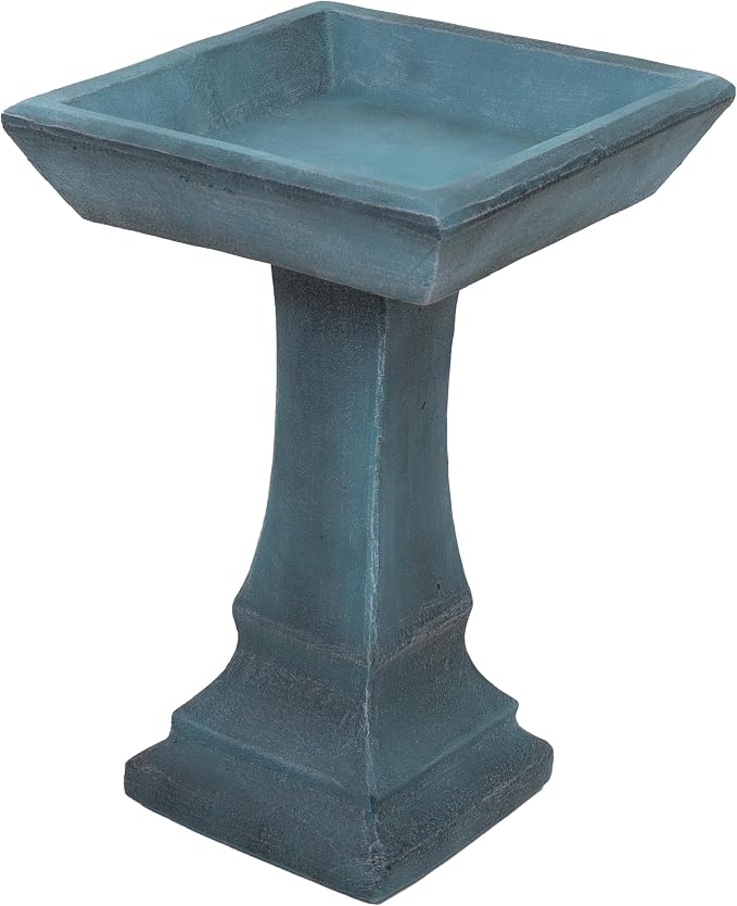 Sunnydaze 23” H Concrete Bird Bath for Outdoors - Simply Square Garden Bird Bath with Glass Fiber Reinforced Concrete Construction - Patina Green