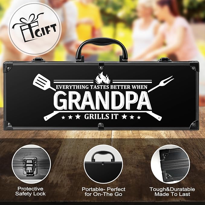 Grandpa Gifts from Grandkids, Grilling Accessories, Heavy Duty Stainless Steel BBQ Grill Tools for Outdoor Grill with Aluminum Case, Grandpa Grill Utensils Ideal Fathers Day Grilling Gift