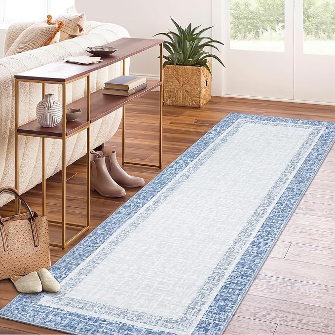 GAOMON Area Rugs 2x6 Modern Runner Rug Washable Bordered Entryway Runners Soft Faux Wool Carpet Contemporary Neutral Non-Slip Long Rug Runner Indoor Accent Hallway Kitchen Runners for Bedroom Blue