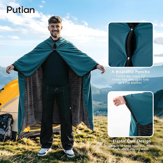 PuTian Waterproof Outdoor Blanket 79"X57" Packable, Stadium & Car Camping Blanket with Corduroy Fleece Lining, Windproof Throw for Picnic Hiking Road Trip, Machine Washable, Blue 350GSM