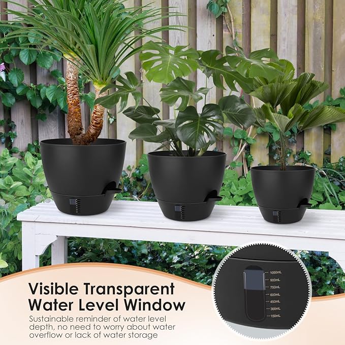 QRRICA 12/10/9 Inch Self-Watering Plant Pots with Water Level Indicator, Drainage Holes & Saucers – Large Plastic Planter Set for Indoor & Outdoor Plants (Pure Black)