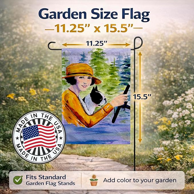 Caroline's Treasures SS8534GF Woman Driving with her Boston Terrier Garden Flag Mailbox Flag Decorative Yard Flag Banner Outside Patio Artwork Yard Flower Beds, Garden Size, Multicolor