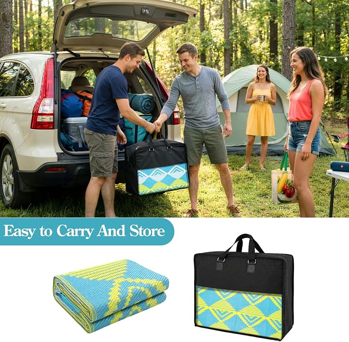 Beeiva Waterproof Outdoor Rug 6x9 for Camping, Balcony & RV, Reversible Plastic Straw Outdoor Mat Blue Yellow