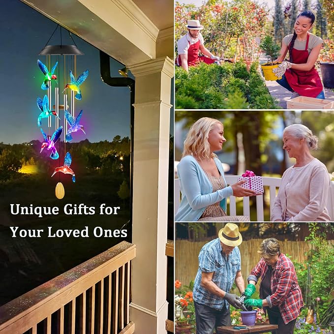Birthday Gifts for Women Mom Grandma, Purtuemy Hummingbird Wind Chimes with 4 Aluminum Tube Solar Wind Chimes for Outside Solar Lights Outdoor Garden Patio Yard Decor