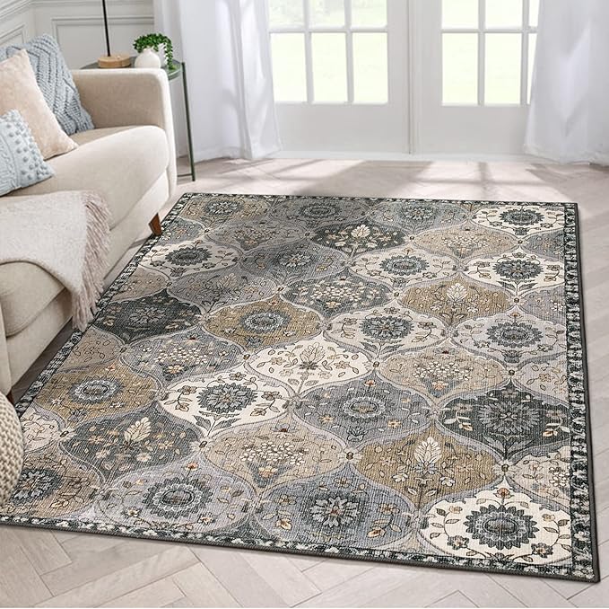 Lahome Moroccan Washable Living Room Rug, 5x8 Rugs for Bedroom Dining Room | Soft Non-Slip Non Shedding Boho Distressed Throw Carpet for Nursery Office Elise, Grey