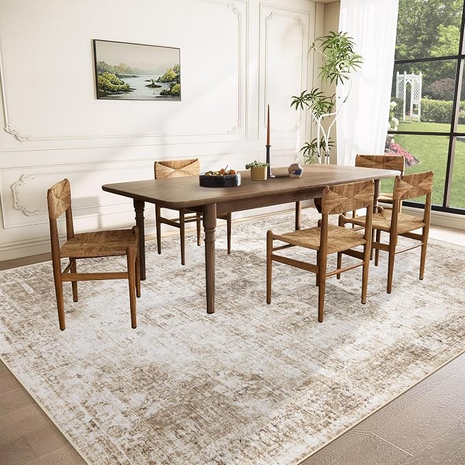 Area Rug 8x10 Washable Rug, Vintage Boho Medallion Rugs Non-Slip Soft Low Pile Large Distressed Rug Indoor Retro Carpet for Living Room Bedroom Dining Room Home Office (Brown, 8'x10')
