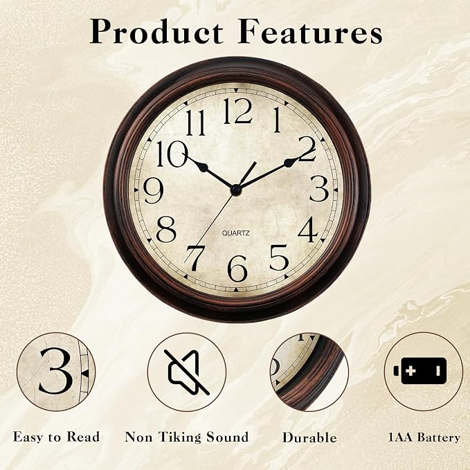 KECYET 12 Inch Wall Clocks Battery Operated Silent Non-Ticking Analog Wall Clock Vintage Retro Rustic Style Decorative for Living Room Kitchen Home Office(Bronze)
