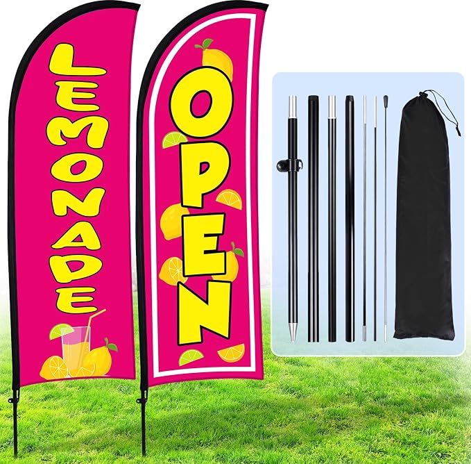 Hahafelt 2 Sets Lemonade Open Feather Flag for Business Advertising 8 ft Feather Flag Sign with Flagpole Ground Stake Portable Bag Lemonade Banner for Outside Park Garden Restaurant(Rose Pink)