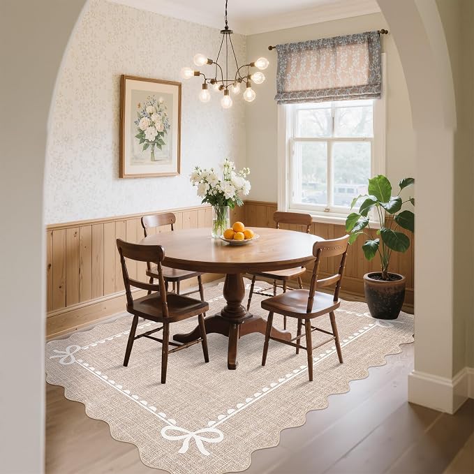 GarveeHome Scalloped Bow Rug 9x12 Washable Camel Rug for Living Room | Non Slip Soft Low Pile Large Indoor Carpet for Nursery Girls Bedroom Decor Hallway Kids Room College Dorm Playroom