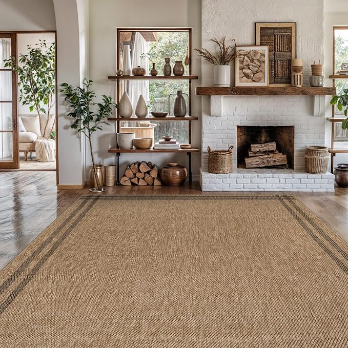 Luul Home Easy Jute Rugs 10x14 Bordered Natural Color Living Room Indoor Outdoor Area Rug for Patio and Kitchen Rug High Traffic Washable Easy to Clean Solid Boho Woven Design Outside Carpet (10 x 14)