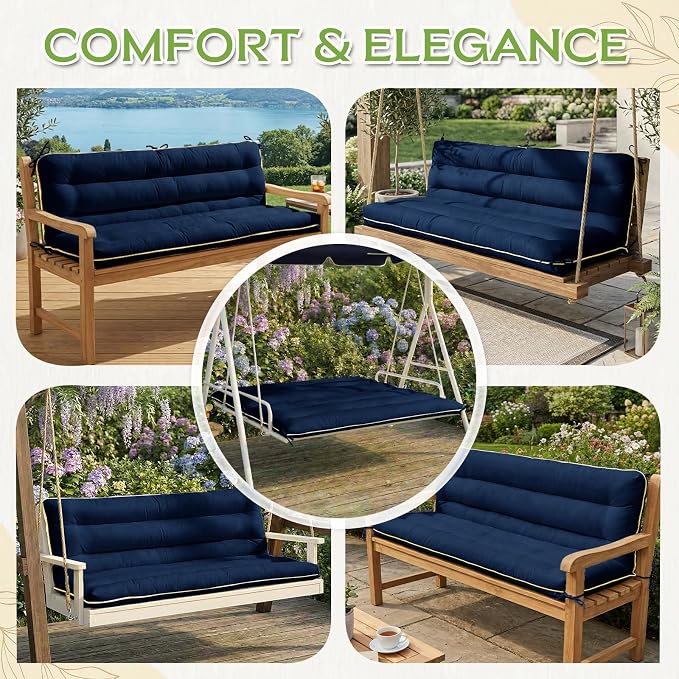 60×40 INCH Outdoor Swing Cushion with Backrest, Tie Straps & Memory Foam - Replacement for Porch Bench 2/3 Seater, Oxford Fabric (Blue, 60 INCH × 40 INCH)