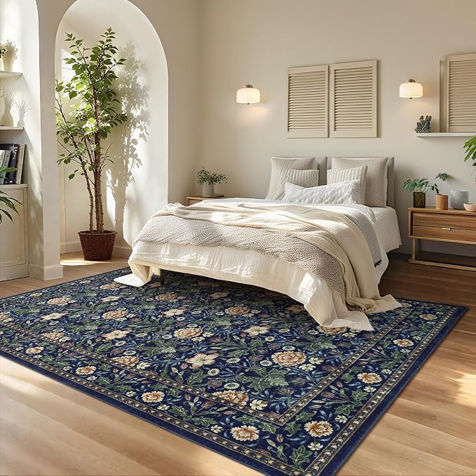 GarveeHome Green Washable Area Rug 5x7, Retro Floral Low Pile Non Slip Living Room Rug Soft Cottage Core Rug Farmhouse Indoor Carpet for Bedroom Dining Room Playroom